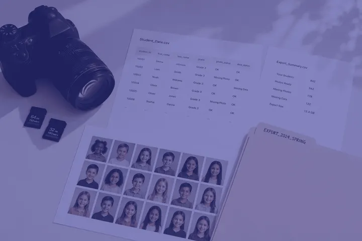 A camera next to printed student photo sheets