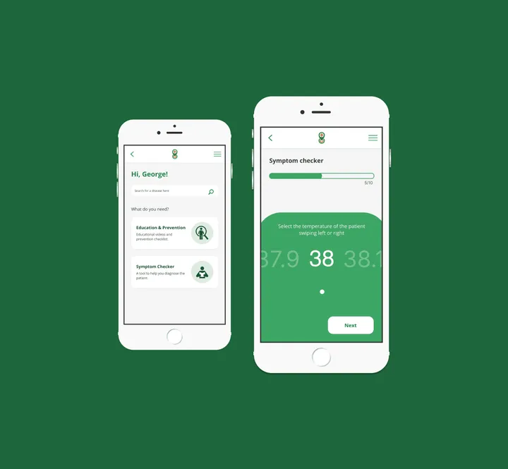 Two phone screens of the redesigned health app, showing the home screen and the symptom checker