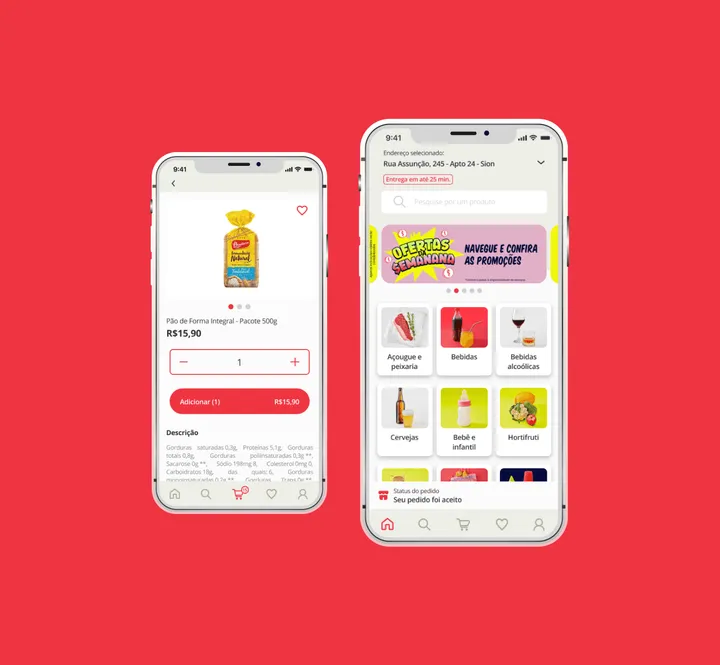 Two phone screens of the Nana delivery app, showing a product page and the home screen