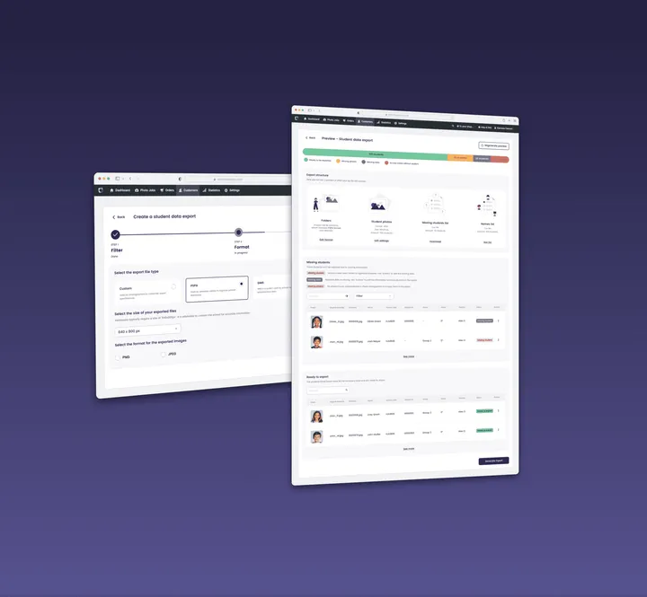 Two screens of the redesigned export flow in GotPhoto