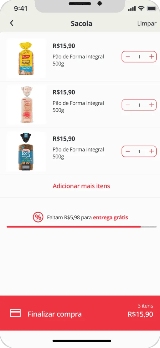 Shopping cart with the list of products and the total