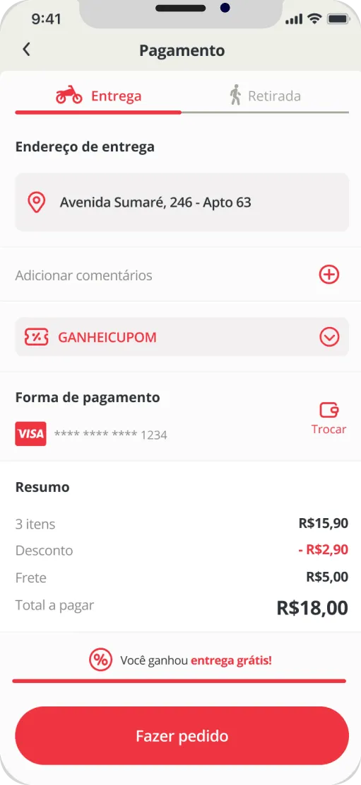 Checkout screen with the delivery address and payment summary