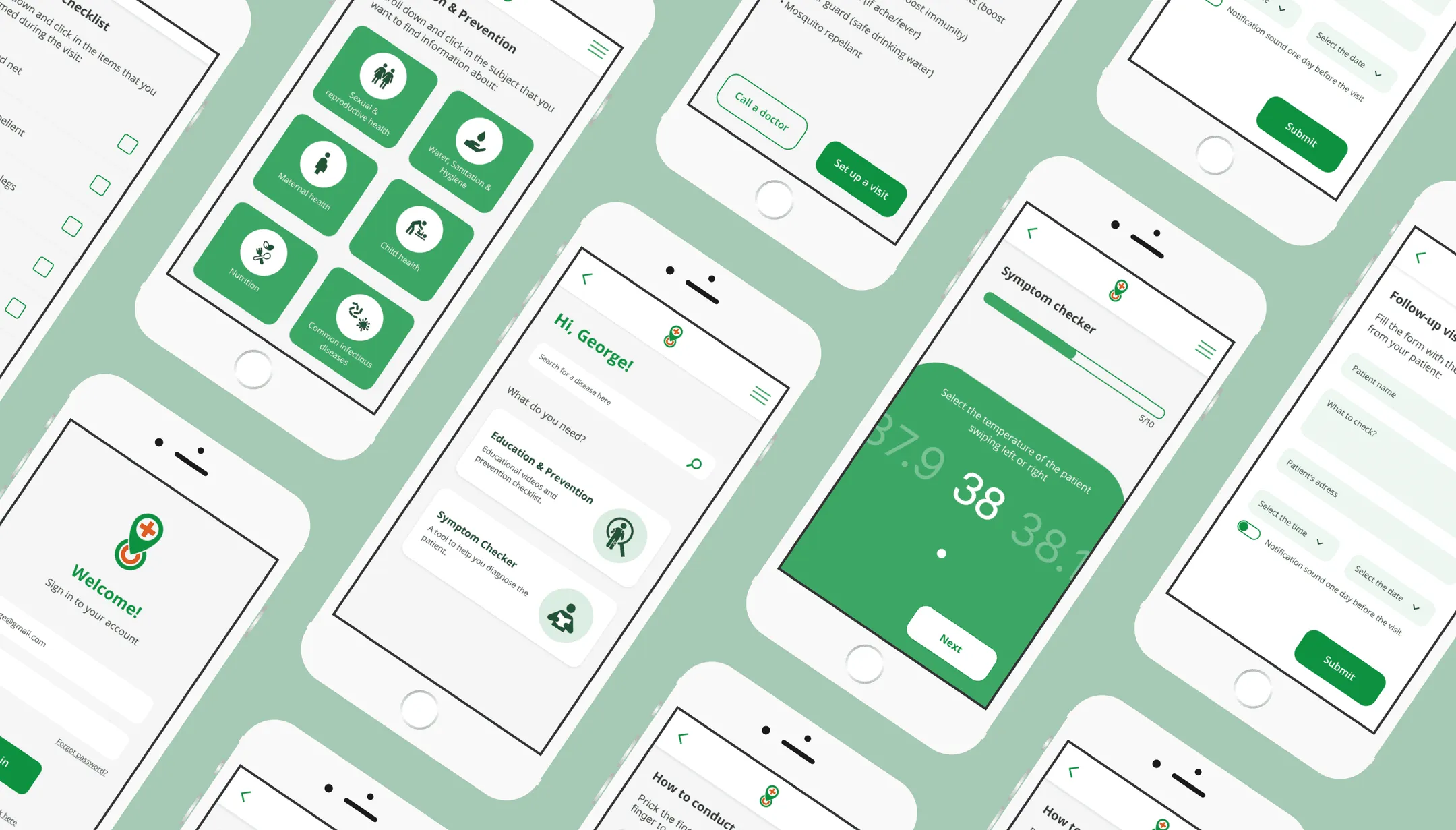 Collage of the redesigned app screens, including the welcome screen, education topics and the symptom checker
