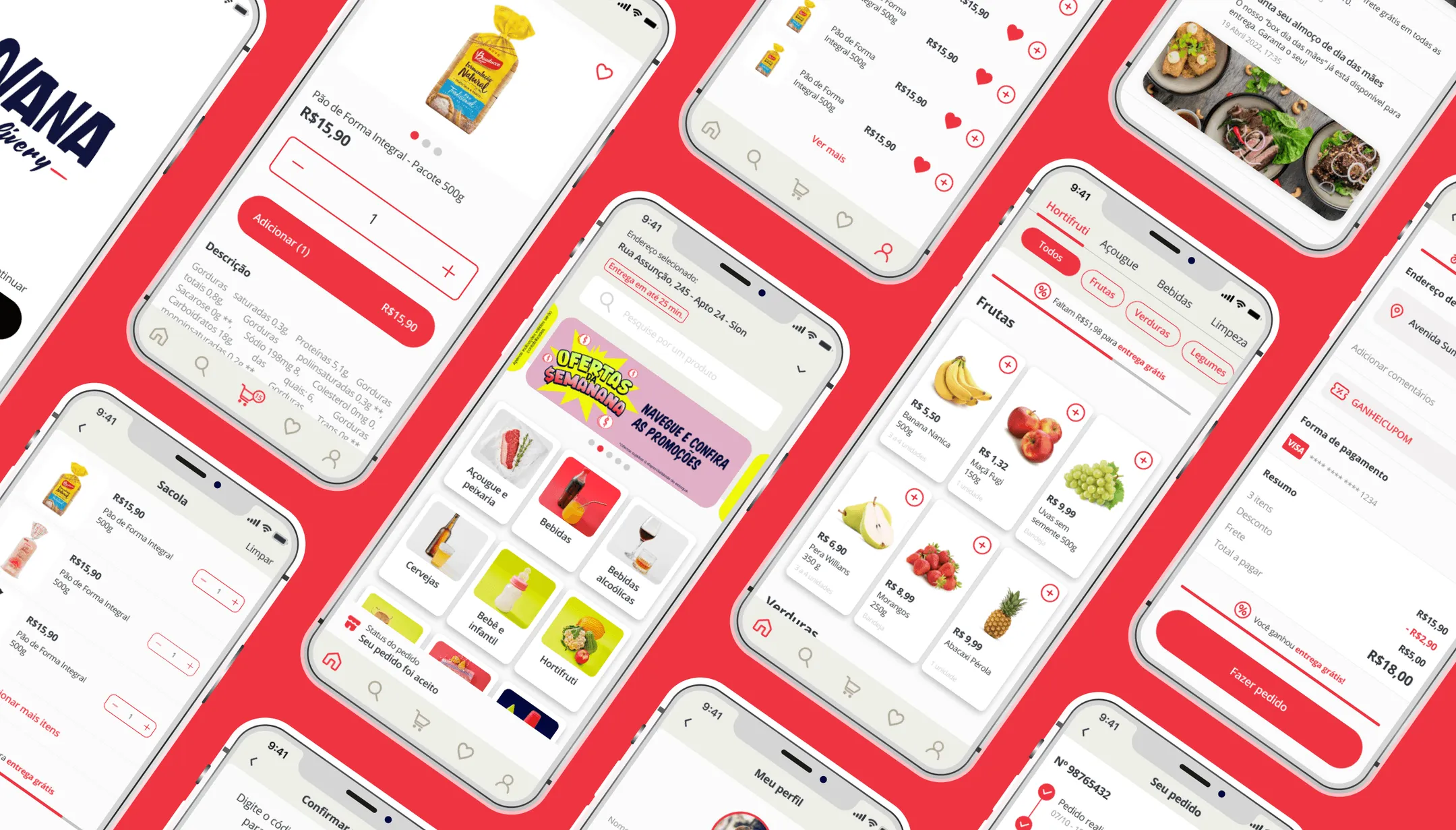 Collage of the Nana delivery app screens on a red background