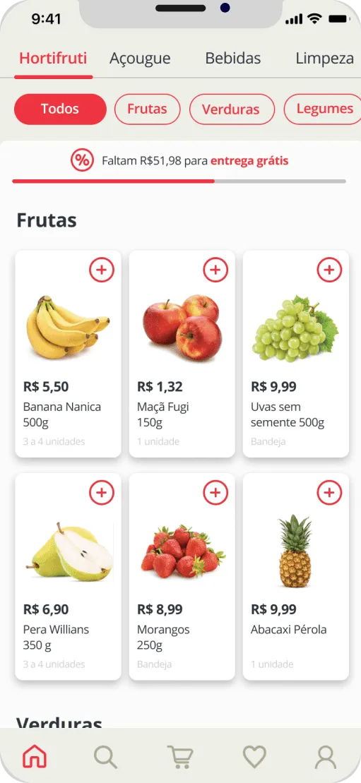 Fruit category page with product prices and add buttons