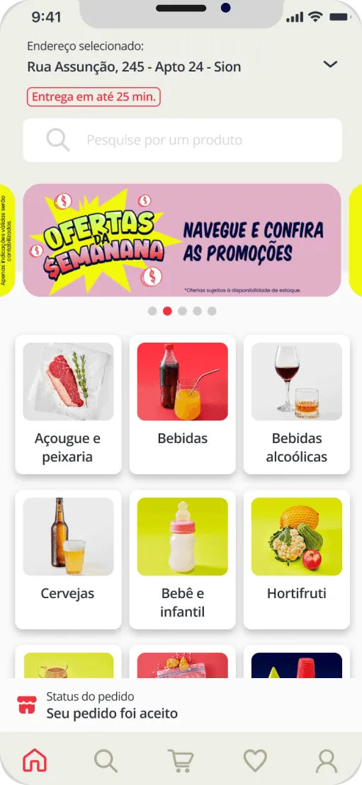 Home screen with promotions and product categories