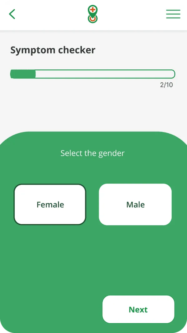 Symptom checker step: select the patient's gender