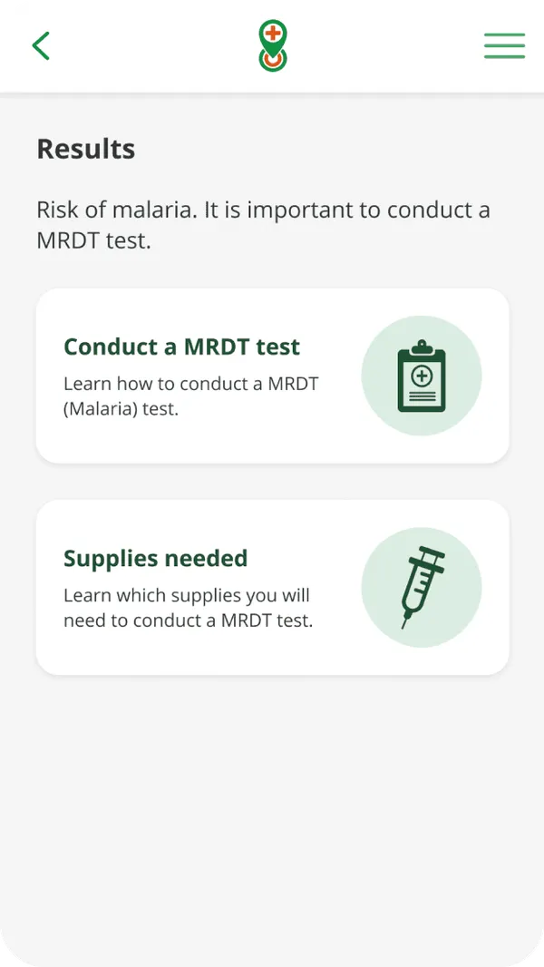 Symptom checker results: risk of malaria, with links to conduct a malaria test and see the supplies needed