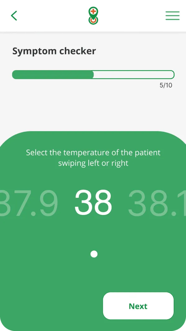 Symptom checker step: select the patient's temperature by swiping