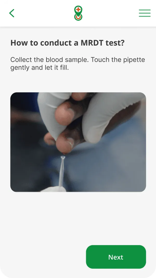 Test guide step: collect the blood sample with the pipette, with a photo of the action