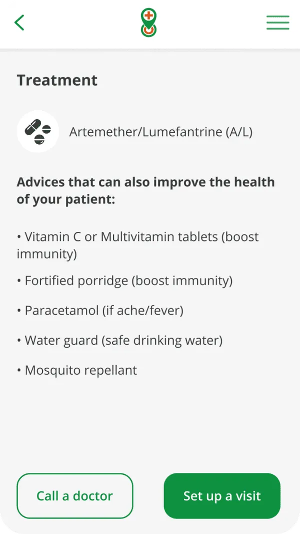 Treatment screen with the recommended medication, health advice, and buttons to call a doctor or set up a visit