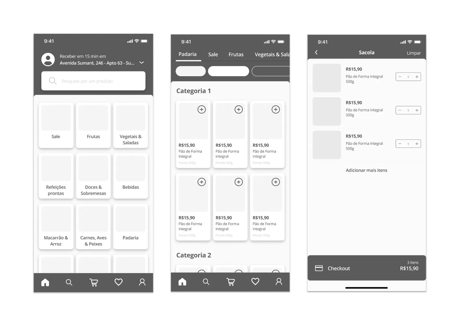 Low-fidelity wireframes of the main shopping flows